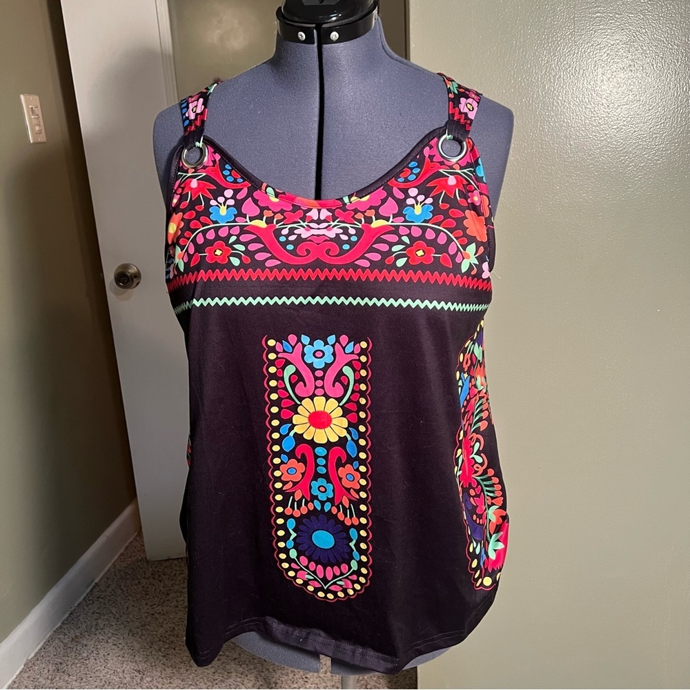 Tank Top Black Scoop Neck Mexican Floral 2XL - Picture 2 of 9